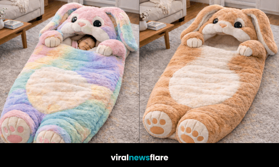 Oversized plush bunny sleeping bags in pastel colours designed for cosy children’s bedrooms