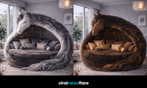 Oversized horse-shaped pod sofa with flowing mane, plush interior and warm fairy lights in a stylish living room