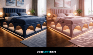 Luxury human bed with built-in cat and dog sleeping compartments and LED lighting