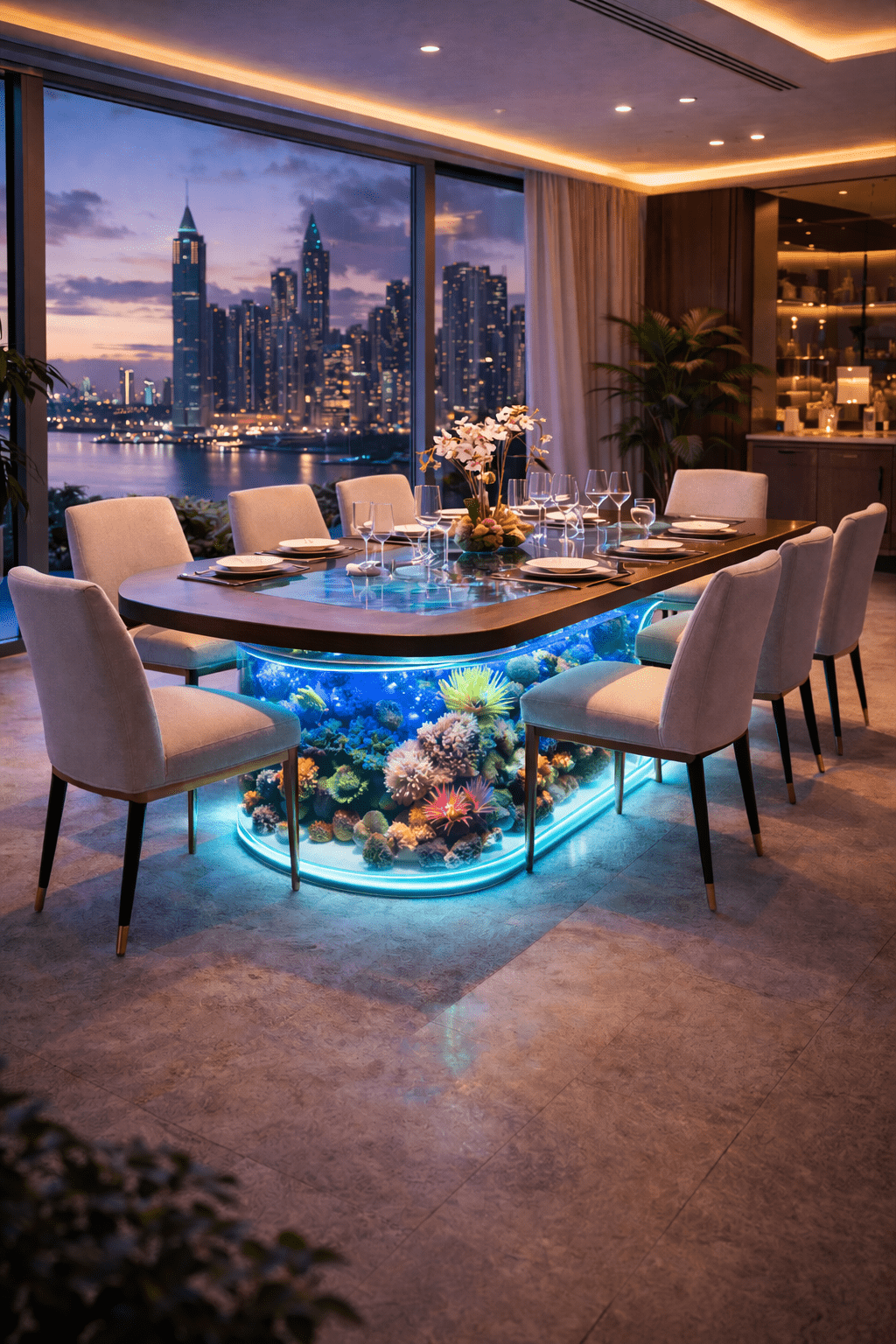 Luxury aquarium dining table with illuminated coral base in a modern city apartment dining room