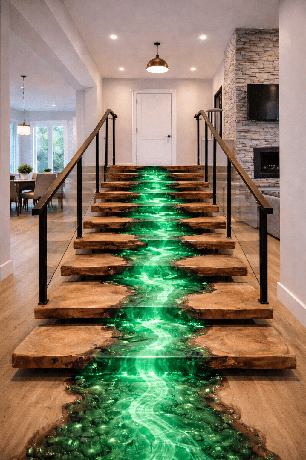 Contemporary epoxy river staircase with vibrant green glowing resin and timber steps