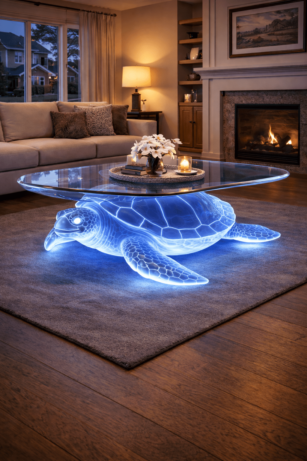 Illuminated turtle-shaped coffee table with glass top in a contemporary living room