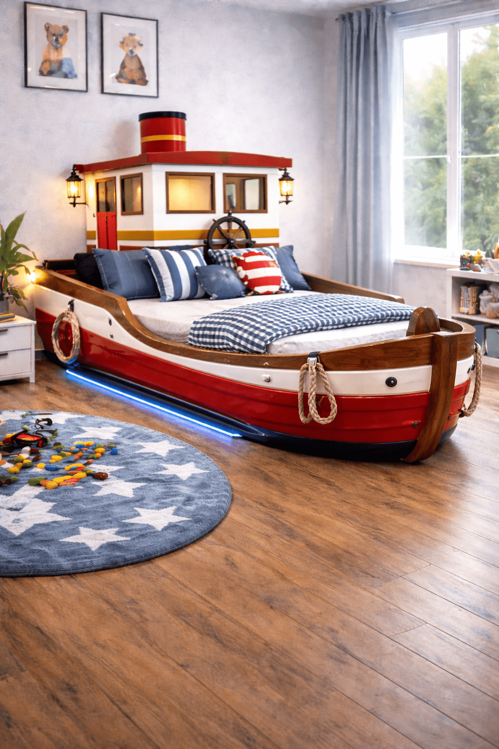 Traditional wooden boat bed with nautical rope details and coastal bedroom styling