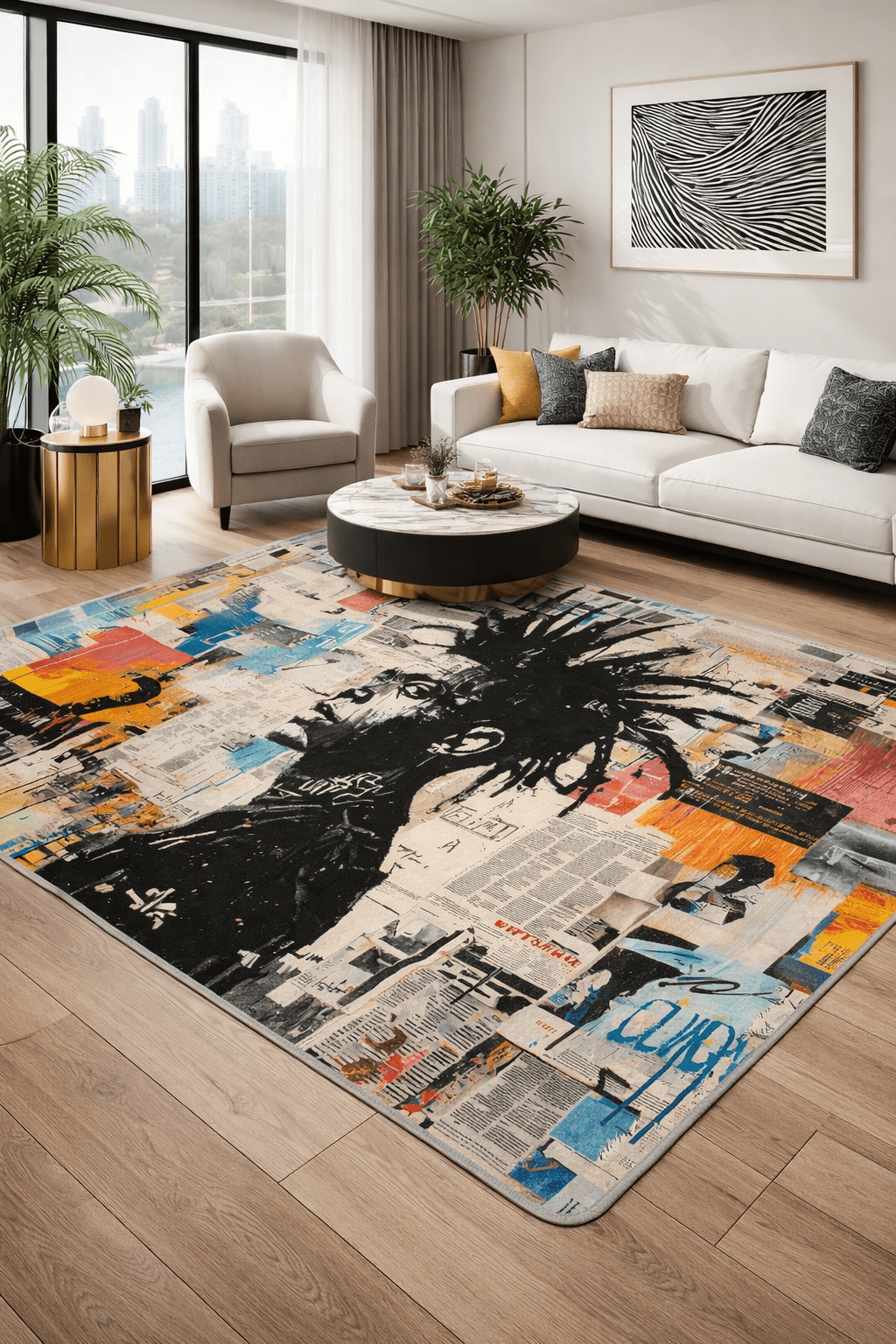 Urban collage graffiti art rug featuring expressive portrait design