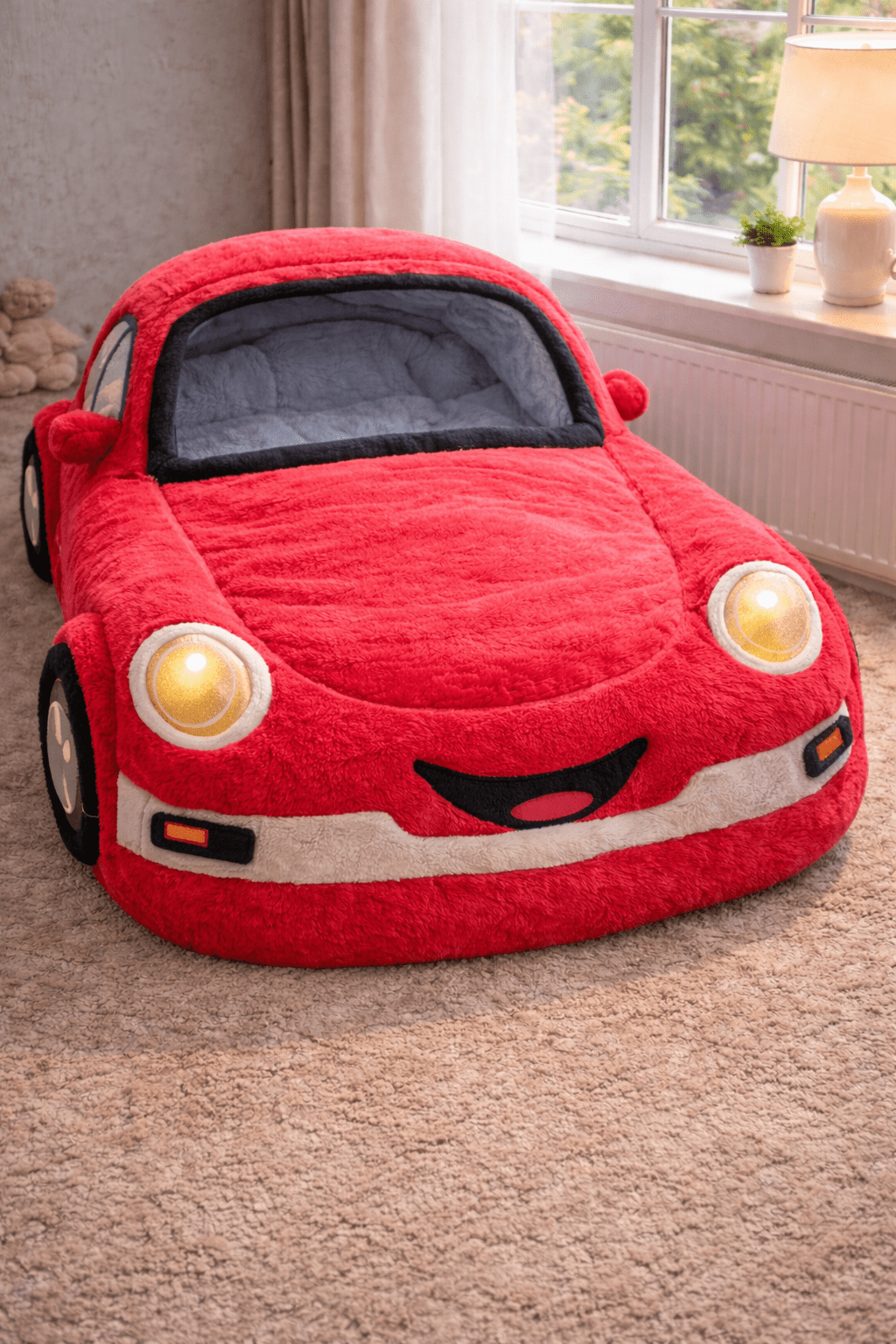 Red plush car-shaped kids sleeping bag with padded interior and cartoon car styling