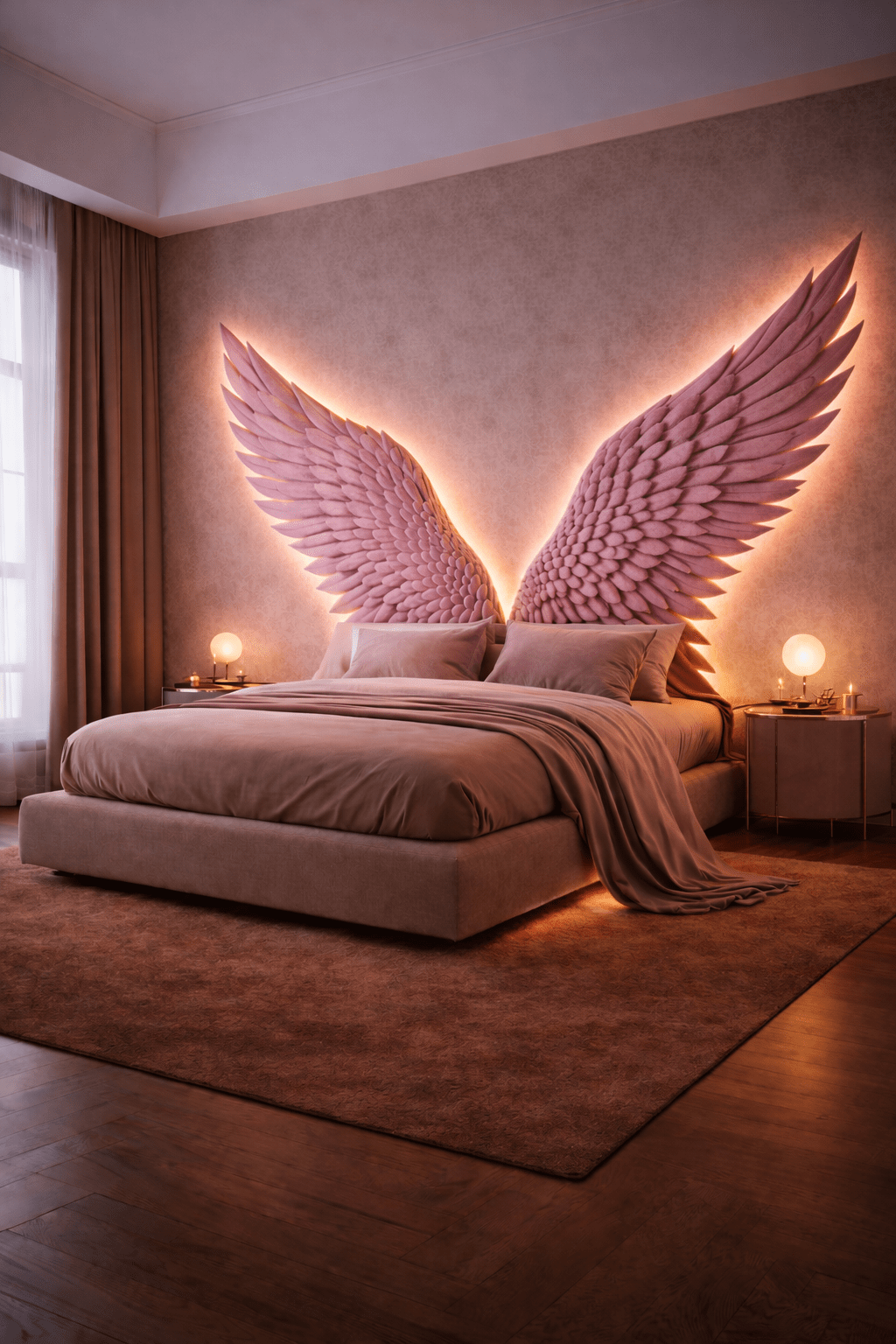 Blush pink angel wing bed with LED backlighting behind bed