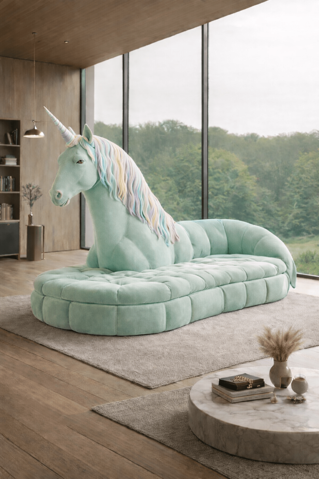 Mint green unicorn chaise lounge with sculptural unicorn form and plush upholstery