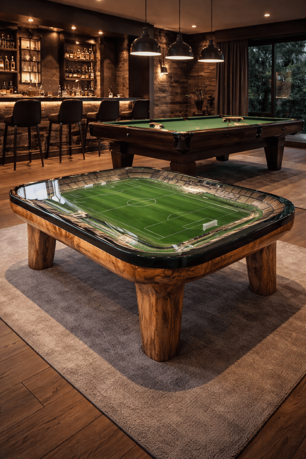 Football stadium coffee table showing detailed pitch and seating in a games room