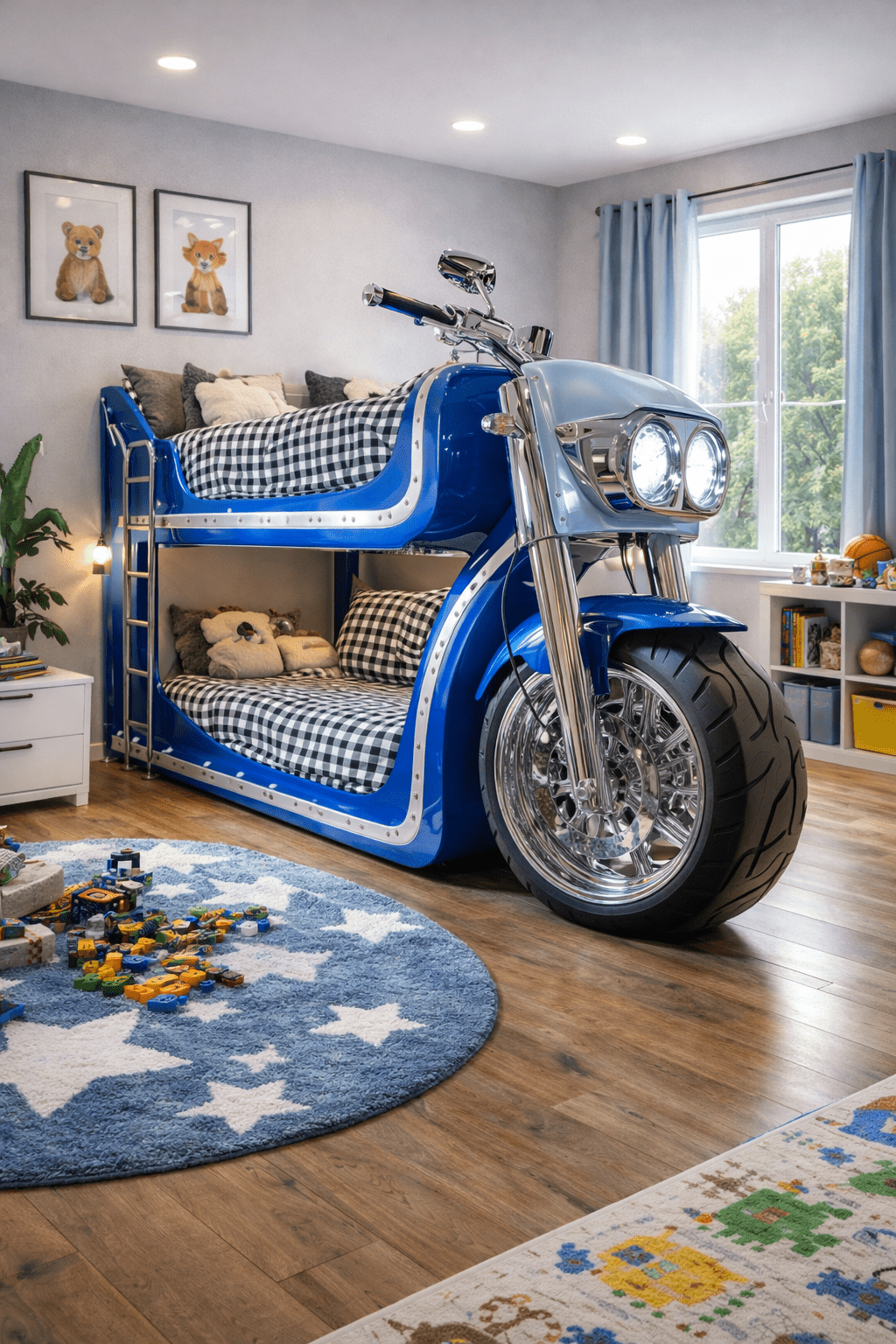 Blue motorcycle bunk bed with double sleeping levels and chrome detailing