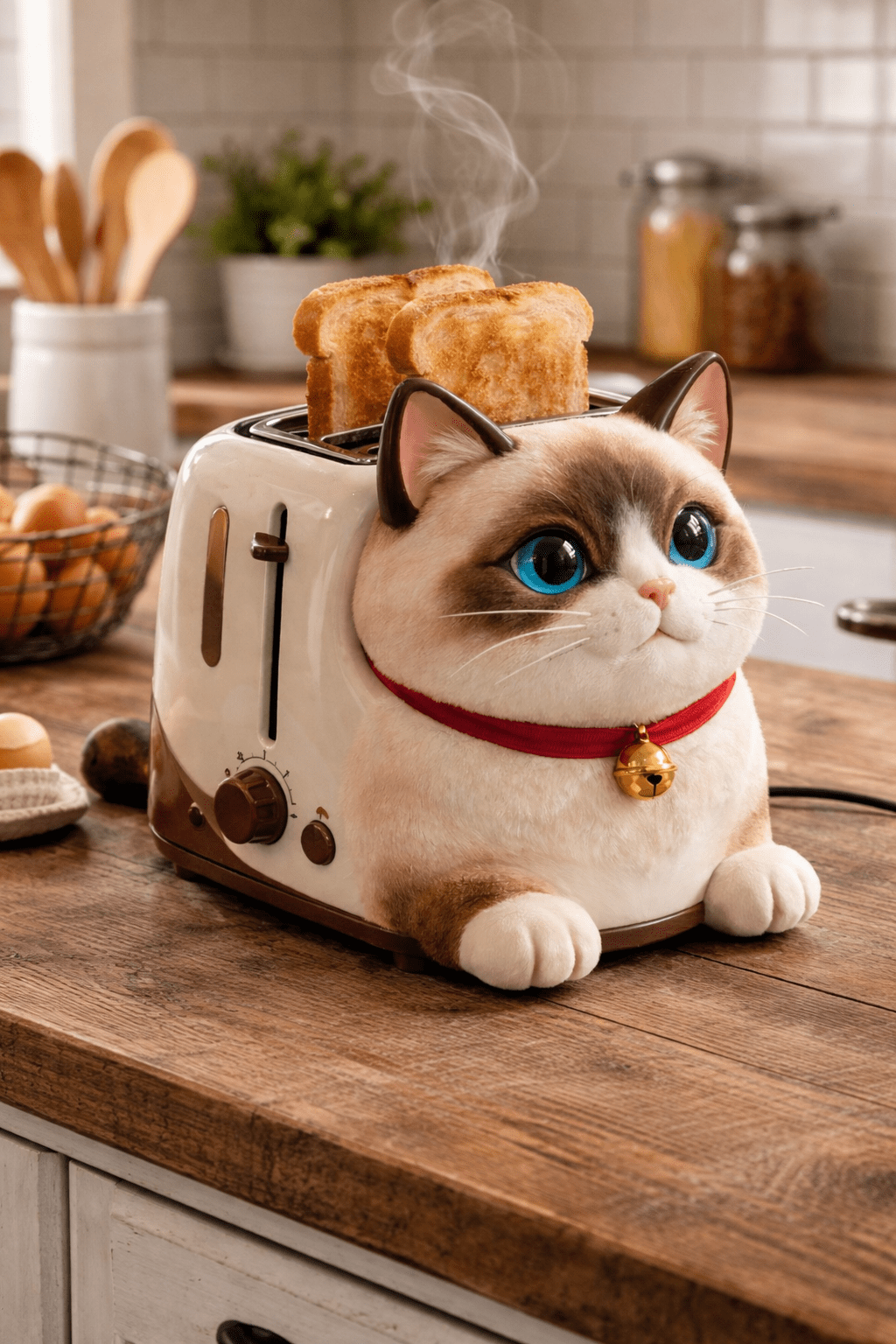 Cream-coloured cat-shaped toaster with blue eyes and toast popping up on wooden counter