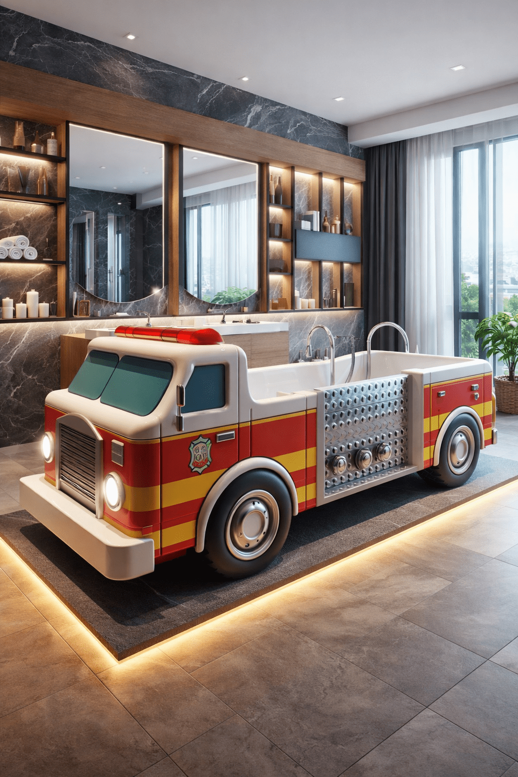 Red fire engine-inspired bathtub with metallic detailing in a luxury bathroom