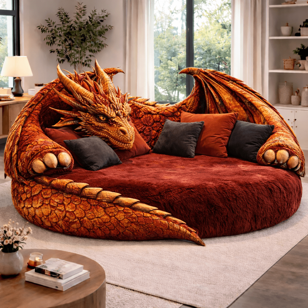 Orange fire dragon-inspired lounge sofa with winged arms and plush cushions