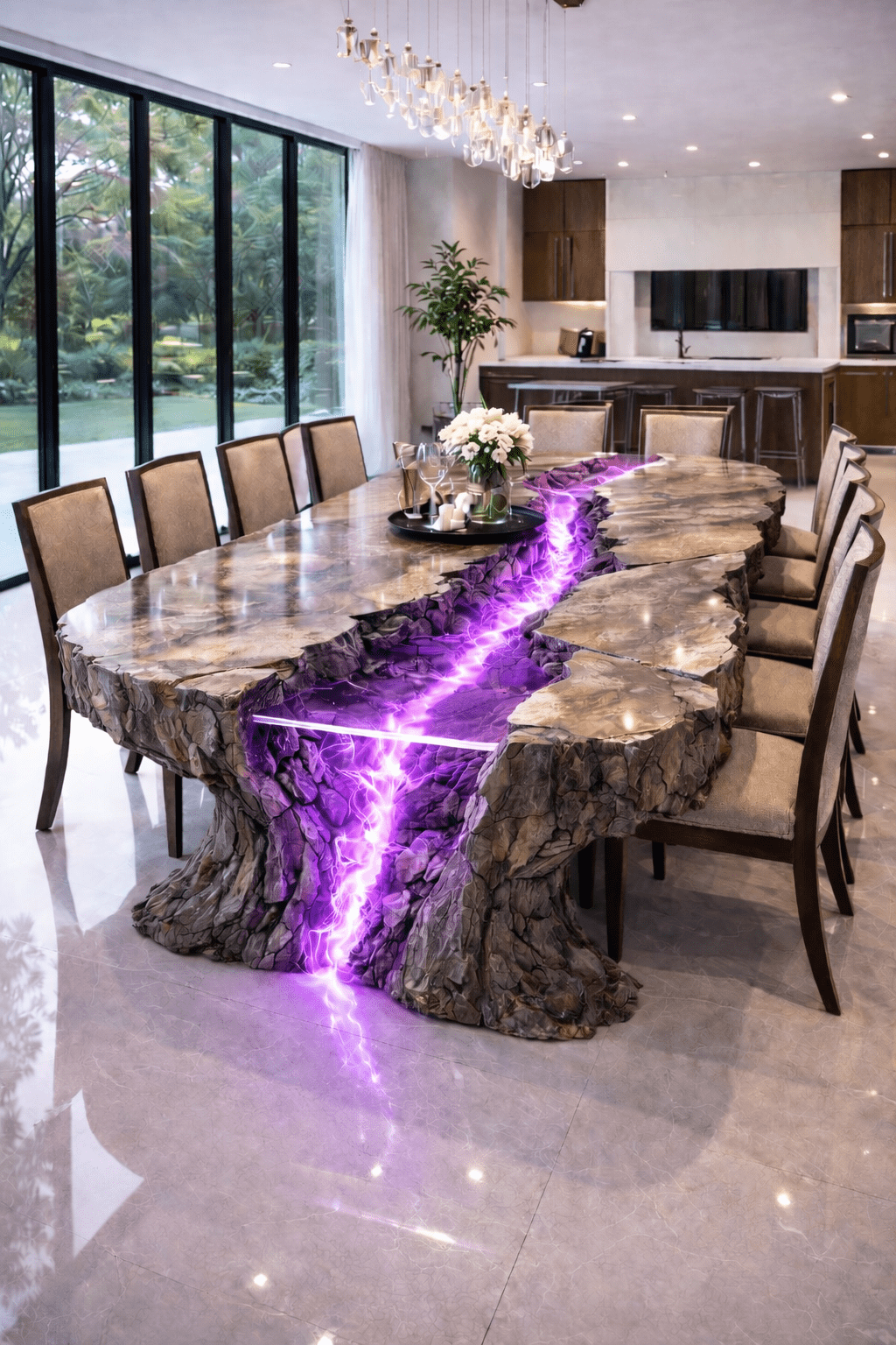 Sculptural stone dining table with illuminated purple resin rift and contemporary interior