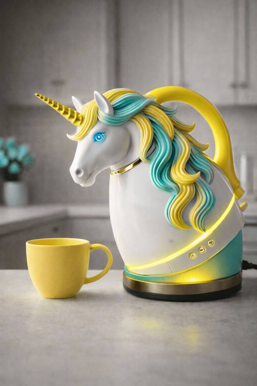 Unicorn-shaped electric kettle with yellow and teal accents on countertop