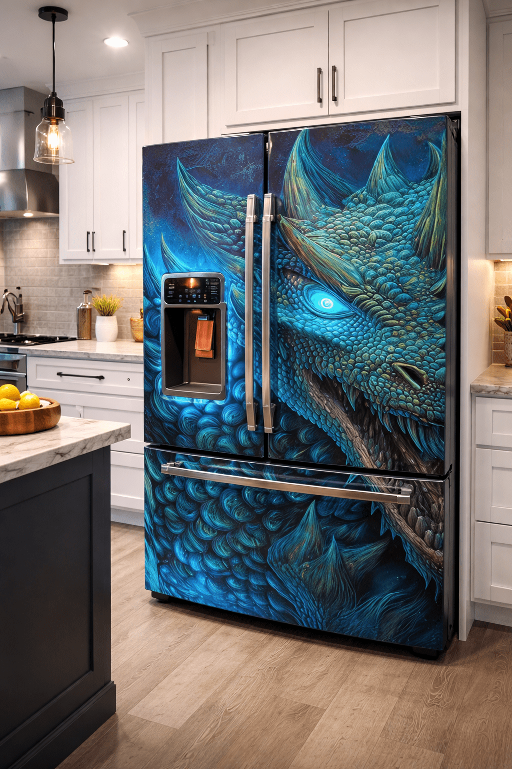 Blue ice dragon fridge wrap with glowing eyes in a modern kitchen setting
