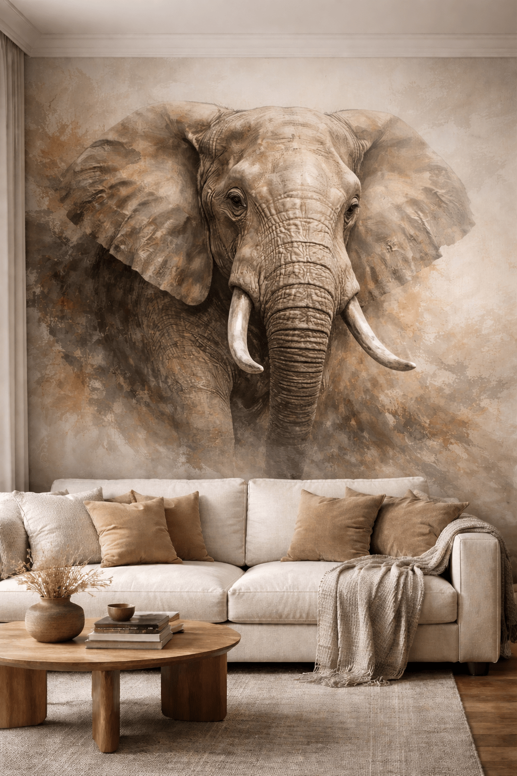 Large elephant safari wall mural above a beige sofa in a modern neutral living room