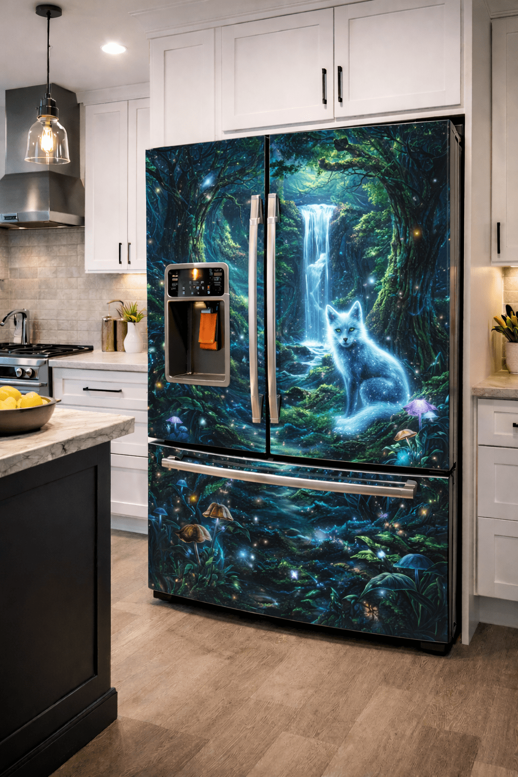 Fantasy forest fridge wrap showing a glowing waterfall and luminous fox in a modern white kitchen