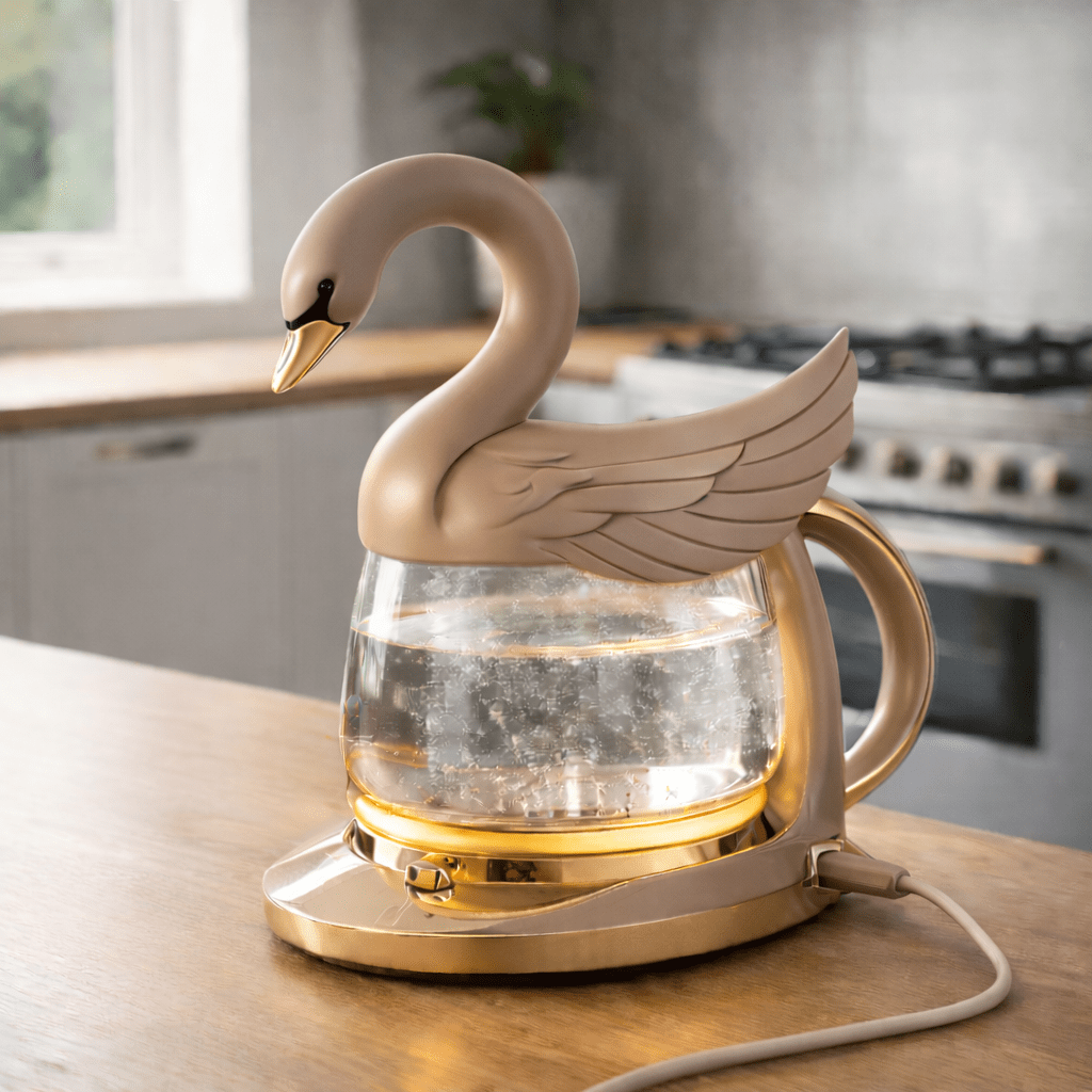 Beige swan electric kettle featuring sculpted wings and glass boiling chamber