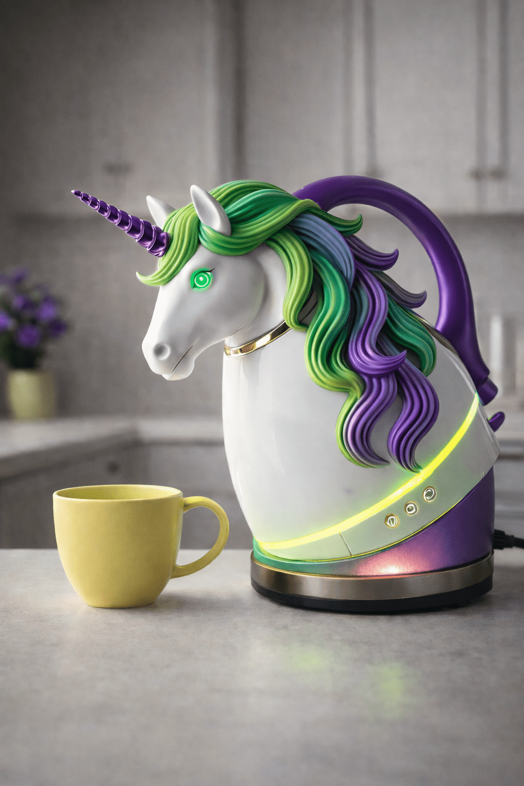 Colourful unicorn kettle with green and purple mane in a modern kitchen