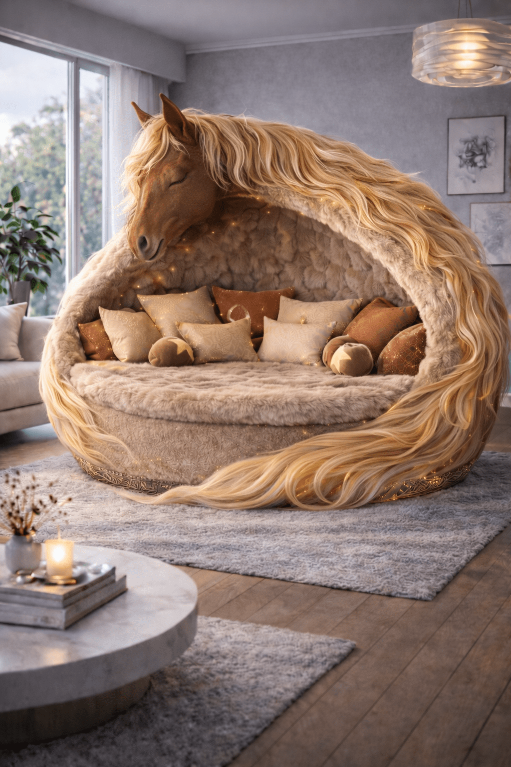 Cream and blonde horse-shaped pod sofa with flowing mane, soft cushions and warm ambient lighting
