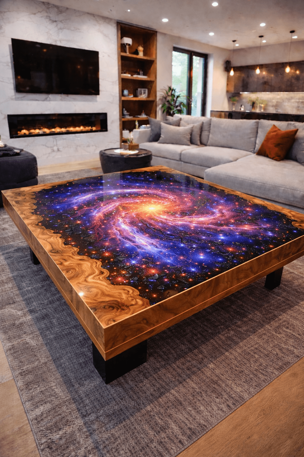 Galaxy resin coffee table with vibrant nebula colours in contemporary interior