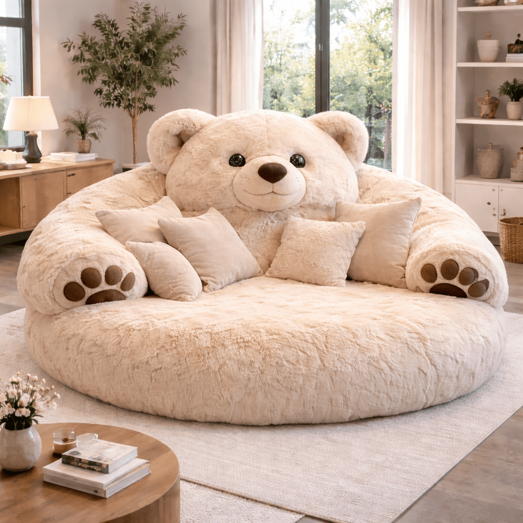 Cream oversized teddy bear sofa with plush upholstery in bright living space