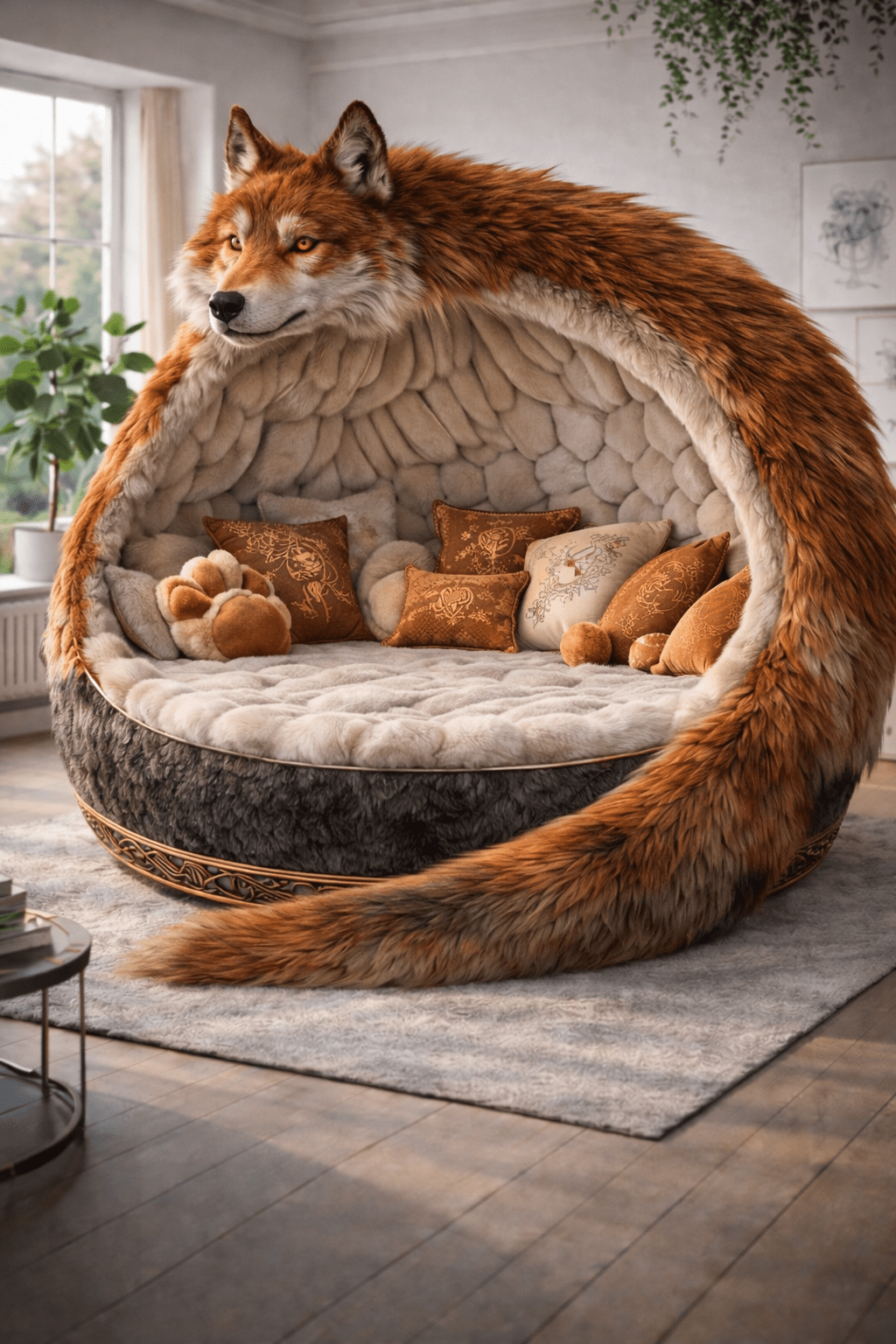 Red wolf pod sofa featuring warm fur tones and plush circular cushions