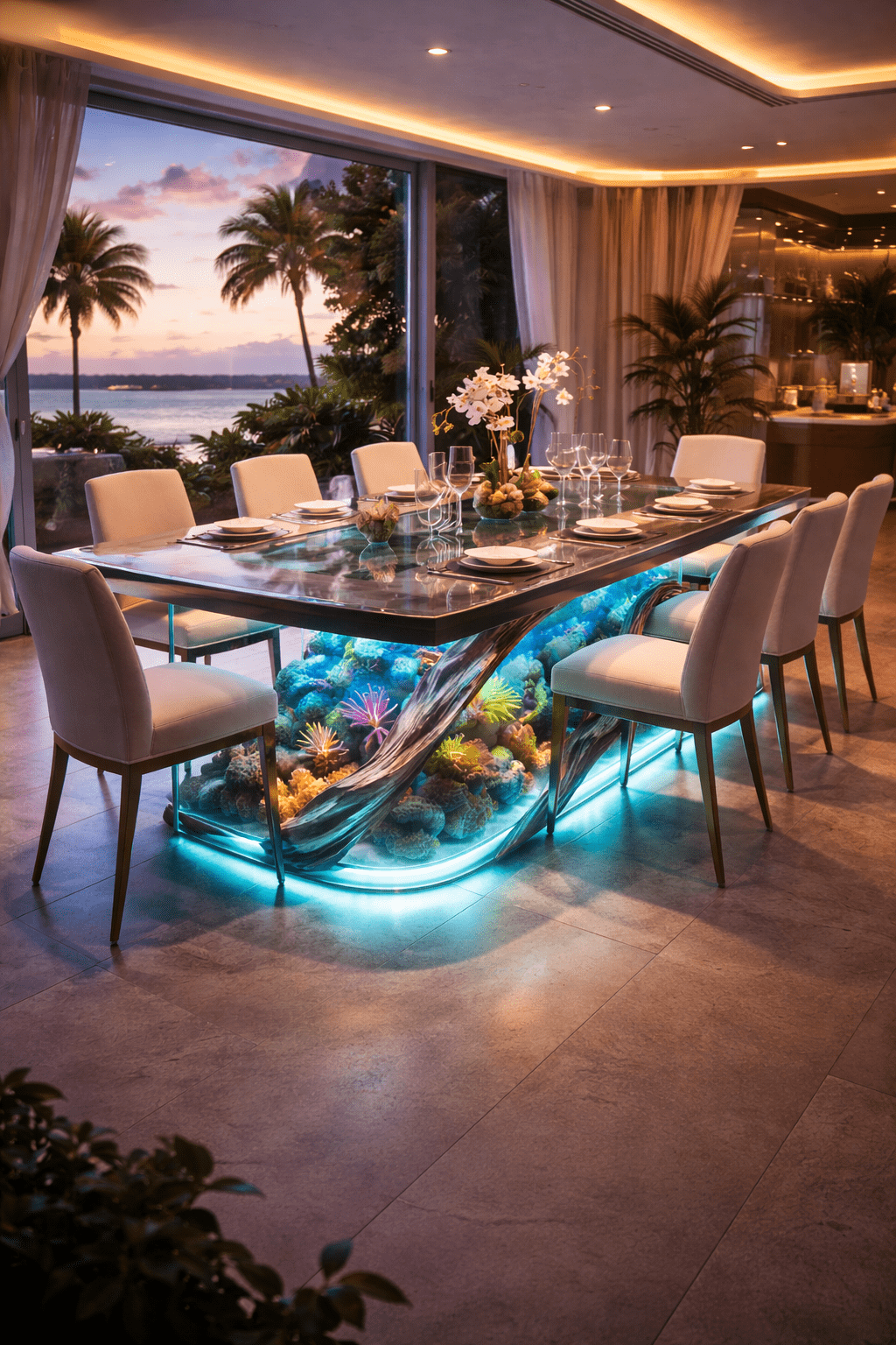 Curved glass aquarium dining table with tropical coral lighting in an elegant coastal dining space