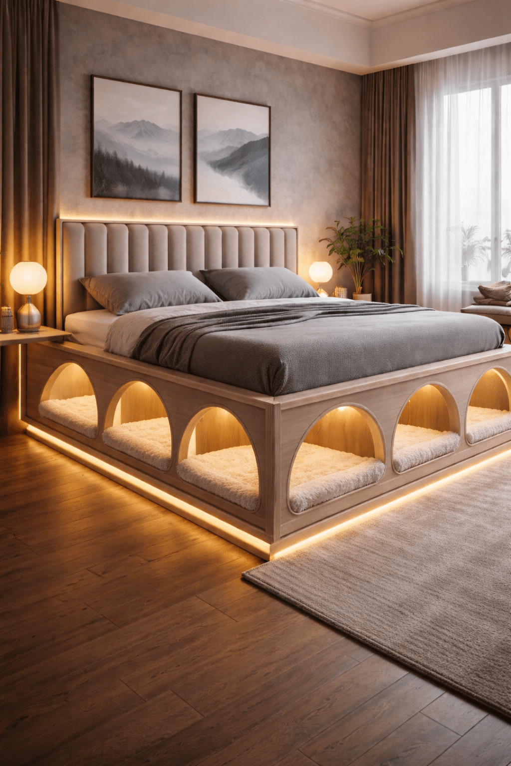 Stylish Sleep Solution:Natural wood human bed frame with integrated cat and dog sleeping spaces