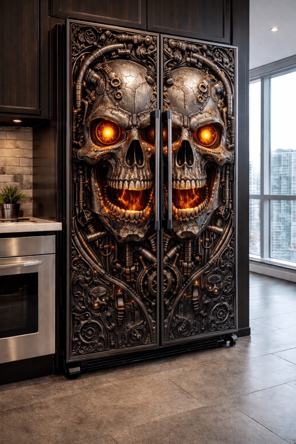 Futuristic mechanical skull fridge with glowing orange eyes in an industrial kitchen