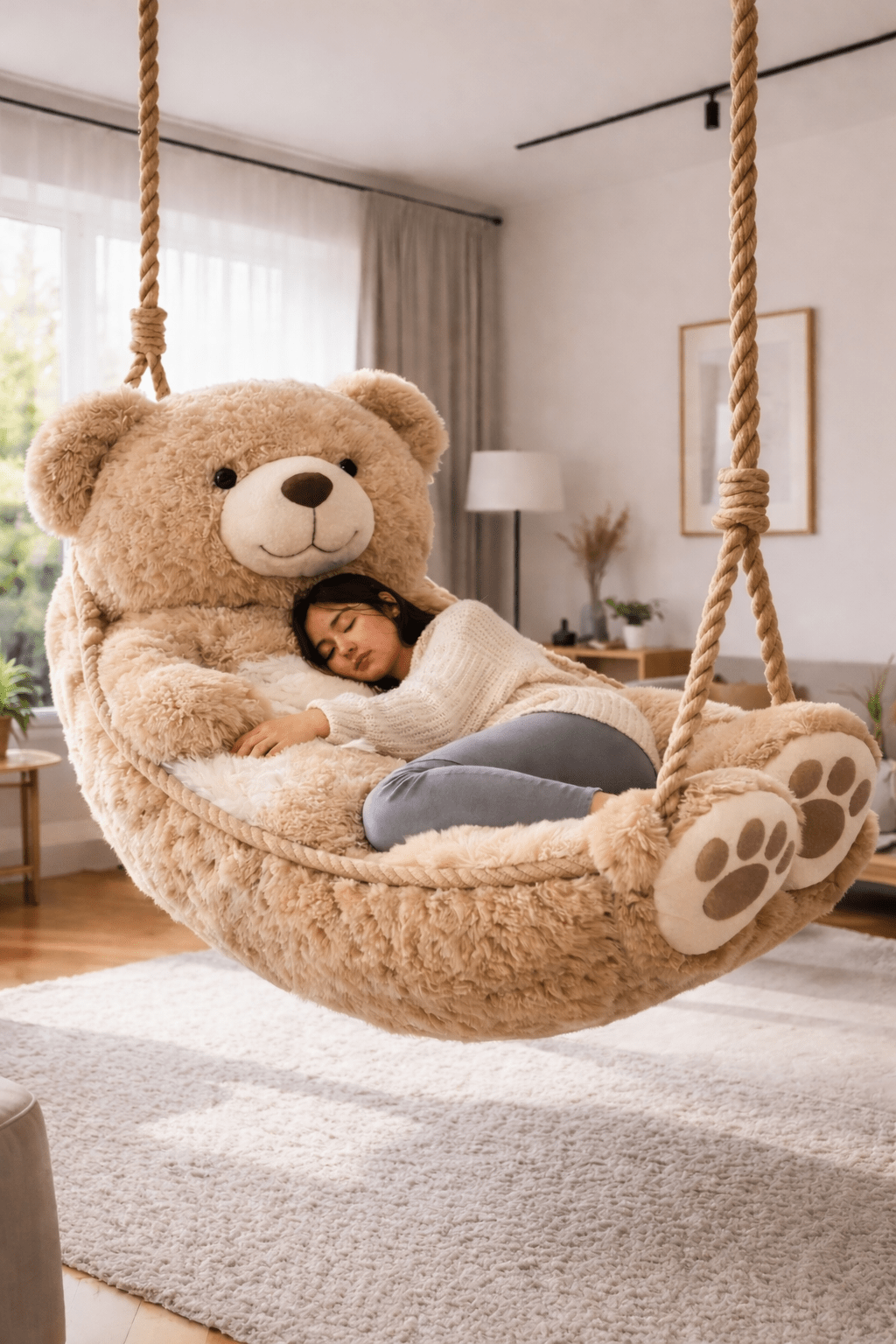 Adult relaxing on oversized teddy bear swing chair in cosy living room