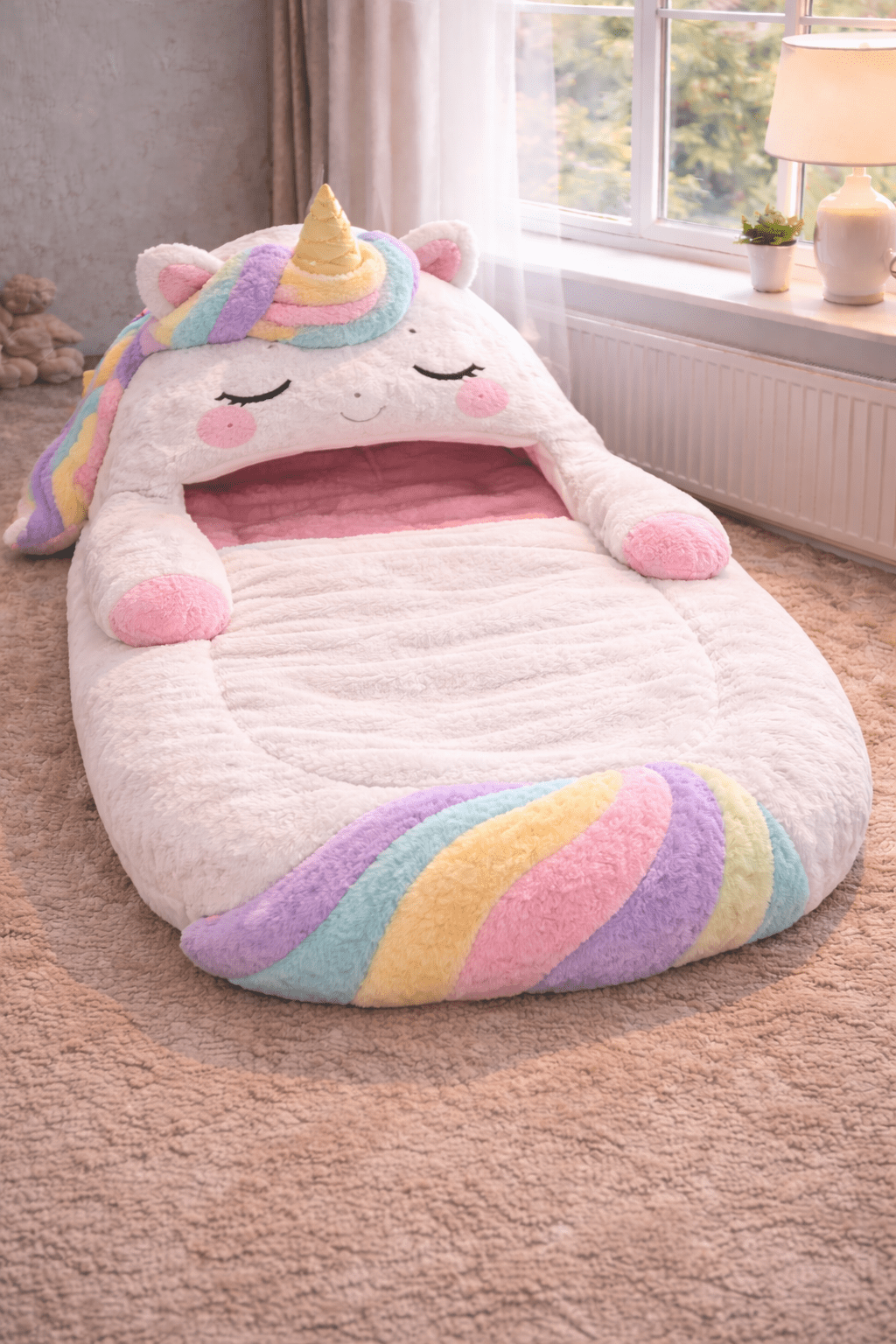 Pink unicorn sleeping bag with rainbow accents and plush interior in a light-filled room