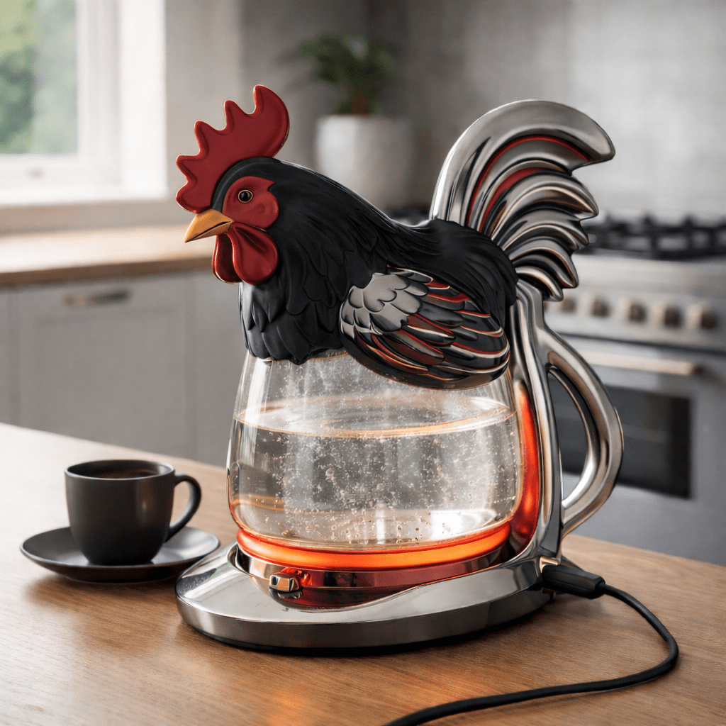 Black and red rooster shaped electric kettle with illuminated glass base on kitchen counter
