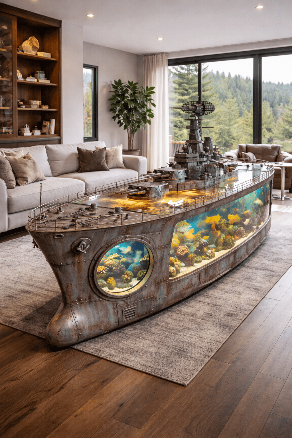 Industrial battleship aquarium coffee table with metal detailing and coral reef display