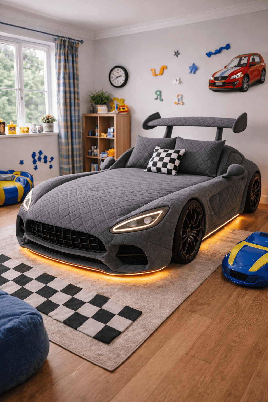 Grey luxury car-shaped bed with plush upholstery and ambient LED lighting