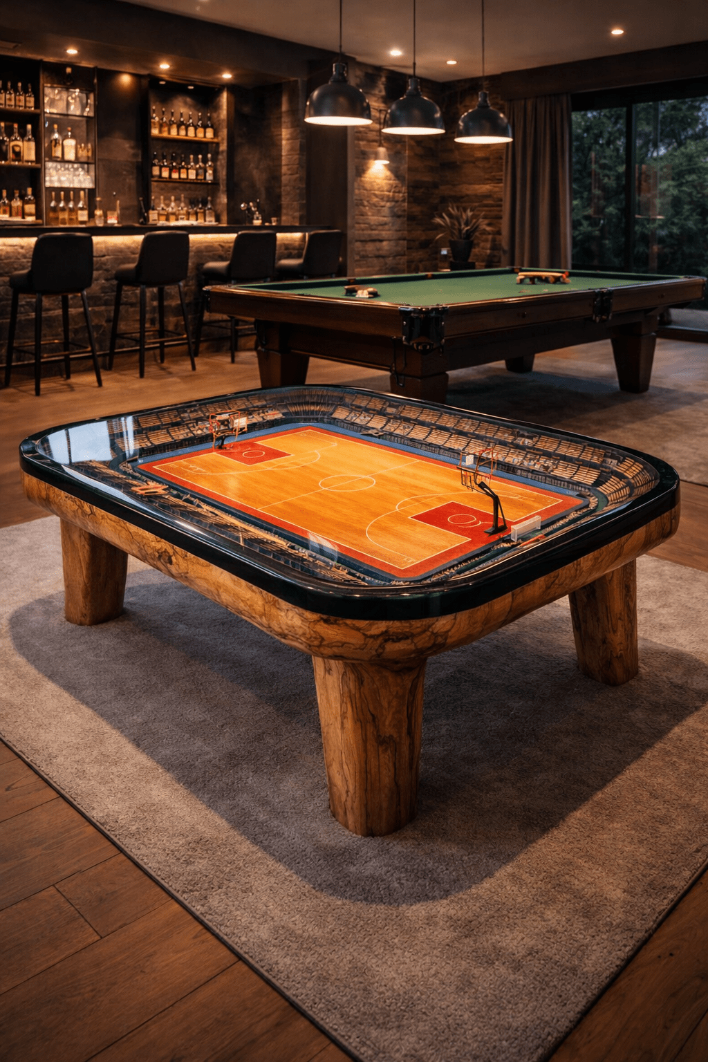 Basketball court coffee table with hardwood design and arena seating under resin