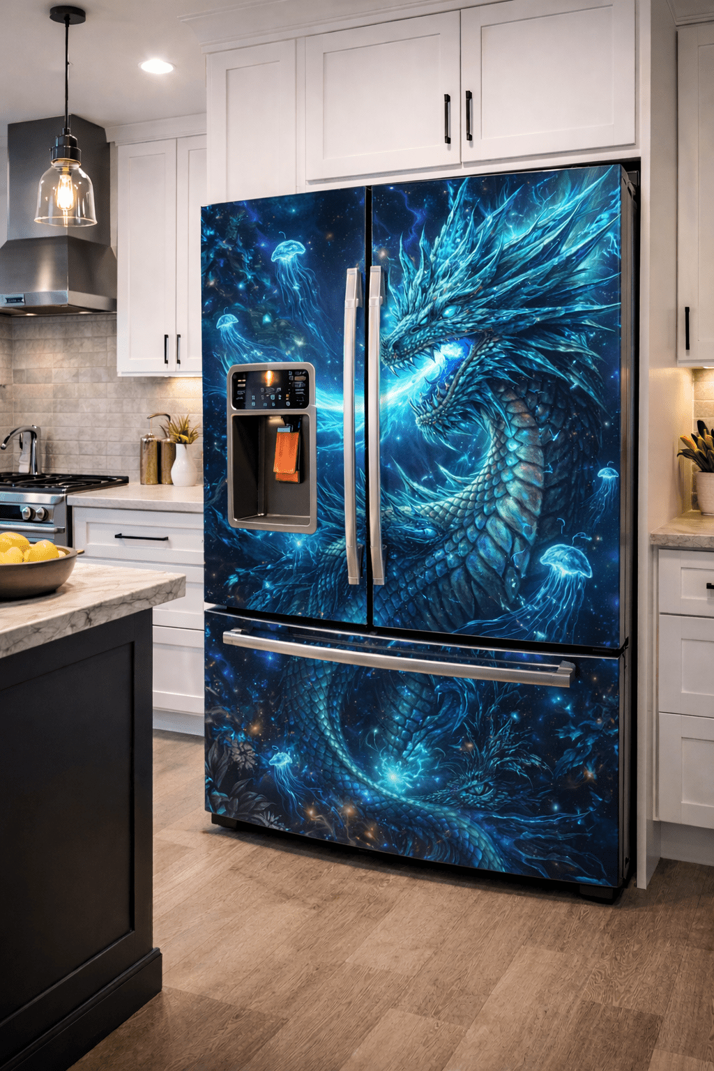 Ocean-inspired dragon fridge wrap with glowing aquatic textures in a stylish kitchen