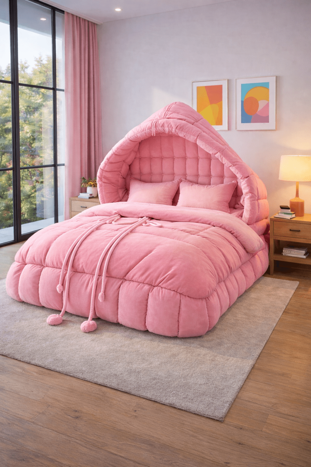 Pink plush hoodie bed featuring a soft quilted hooded design