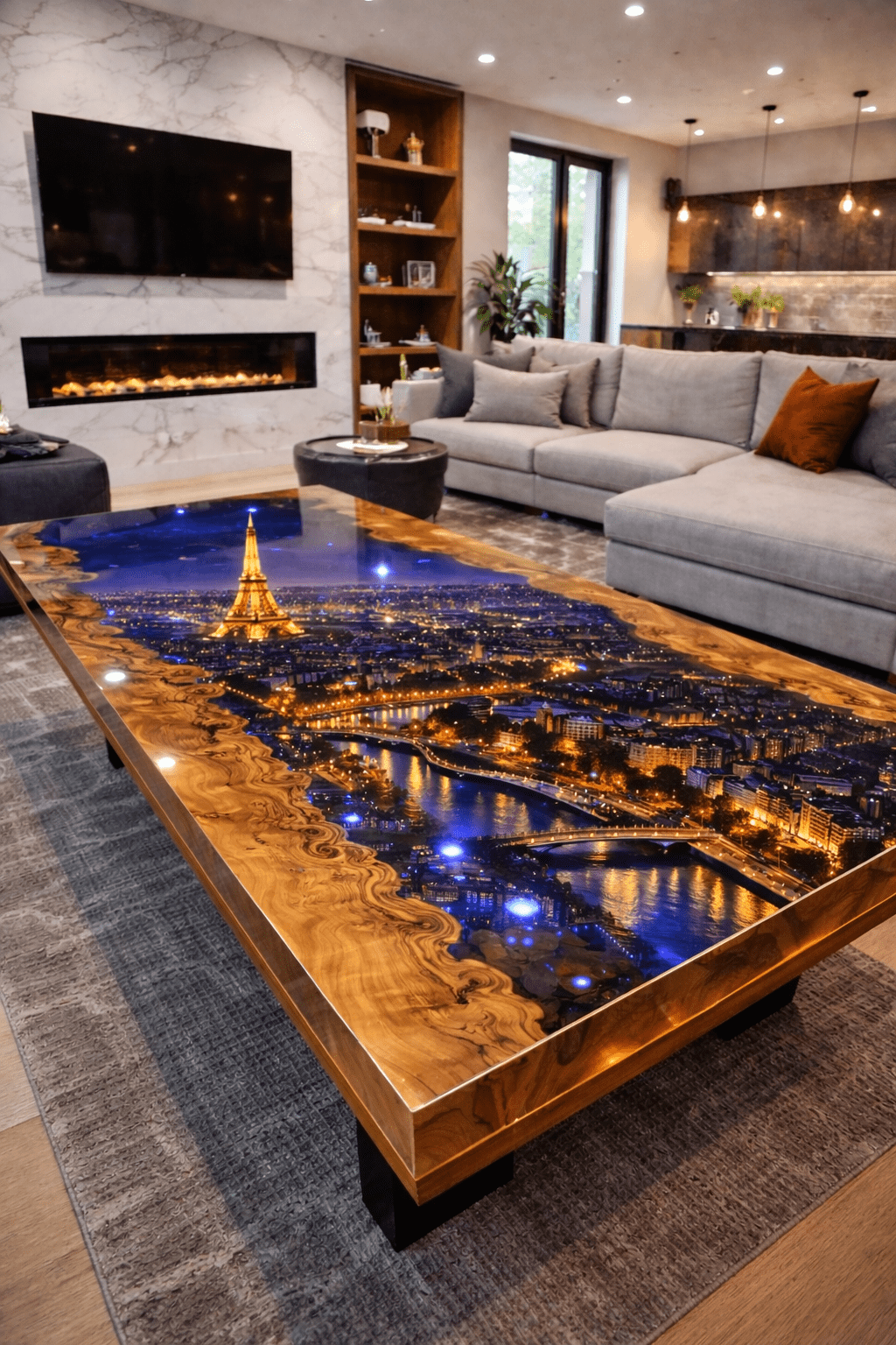 Paris skyline resin coffee table with Eiffel Tower and glowing Seine river