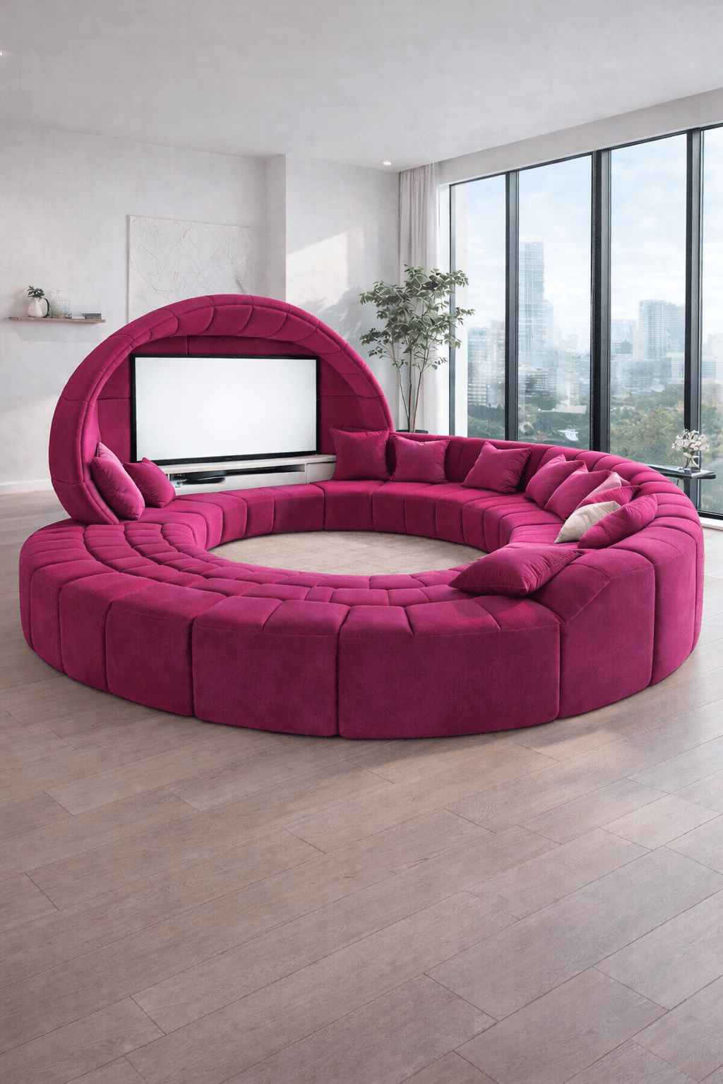 Bold pink circular modular sofa with integrated TV in a contemporary space