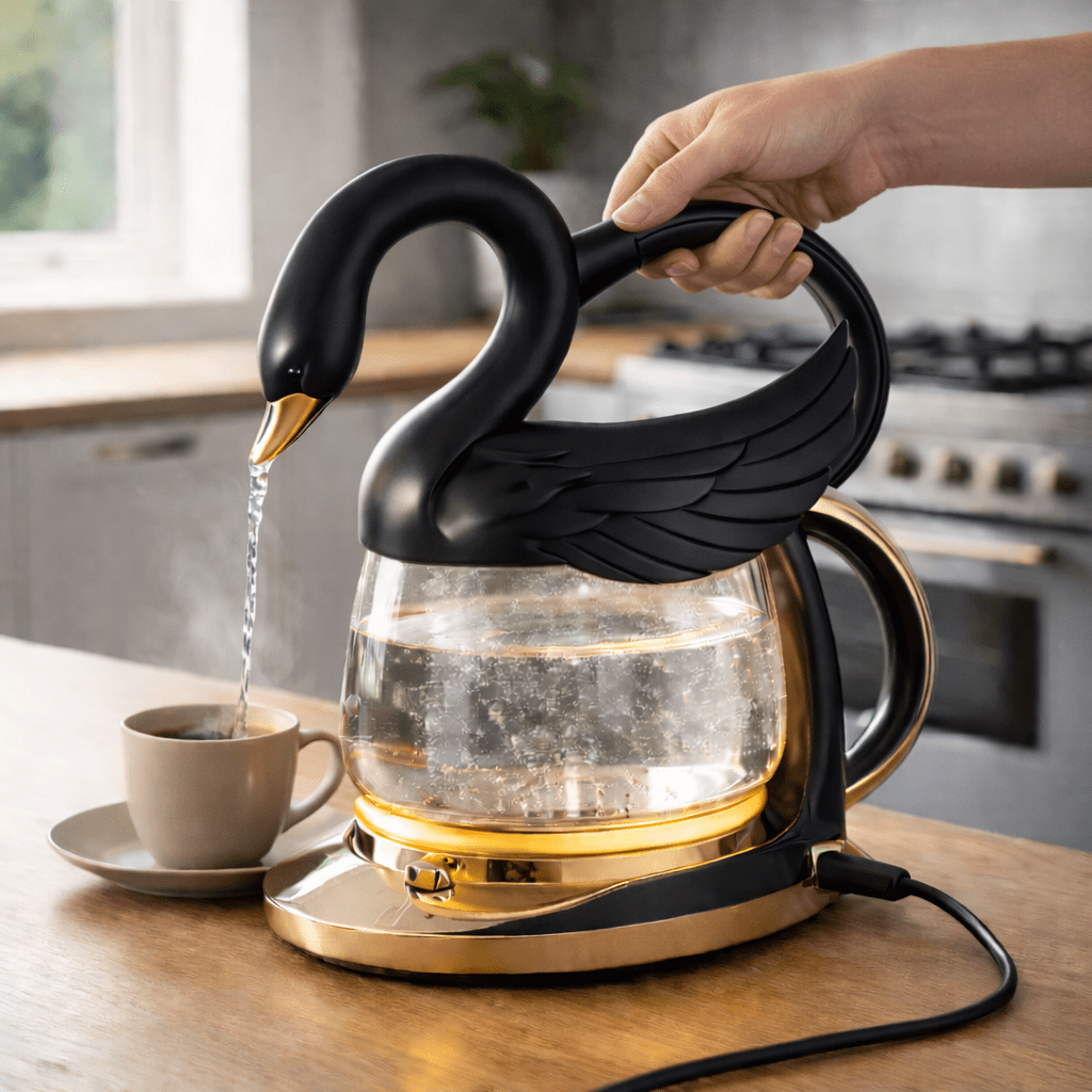 Black swan-shaped electric kettle pouring hot water into a cup on a kitchen counter