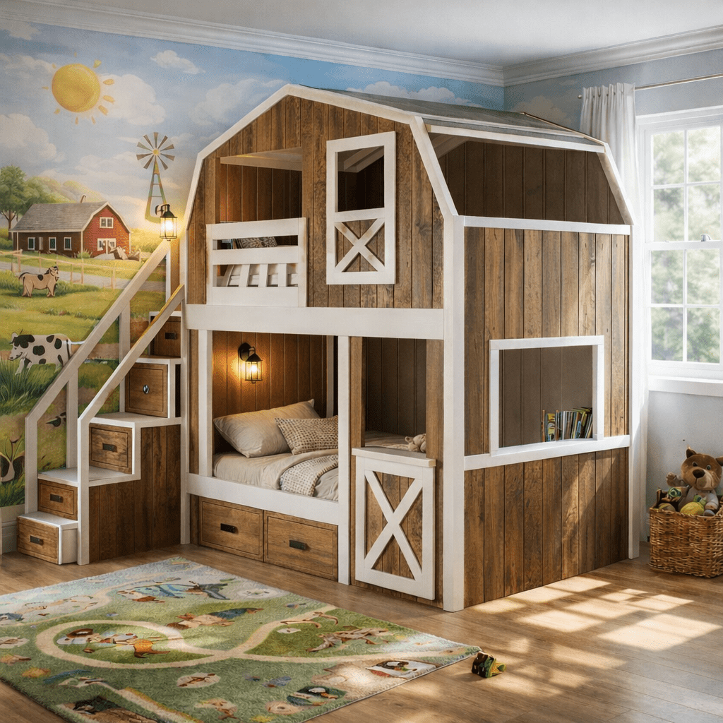 Wooden barn-style children’s bed with farmhouse panels, storage drawers and shelves