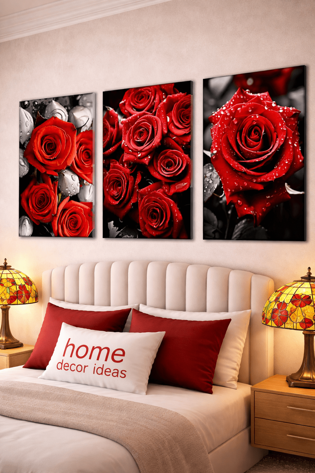 Three-panel red rose wall art creating a romantic bedroom focal point