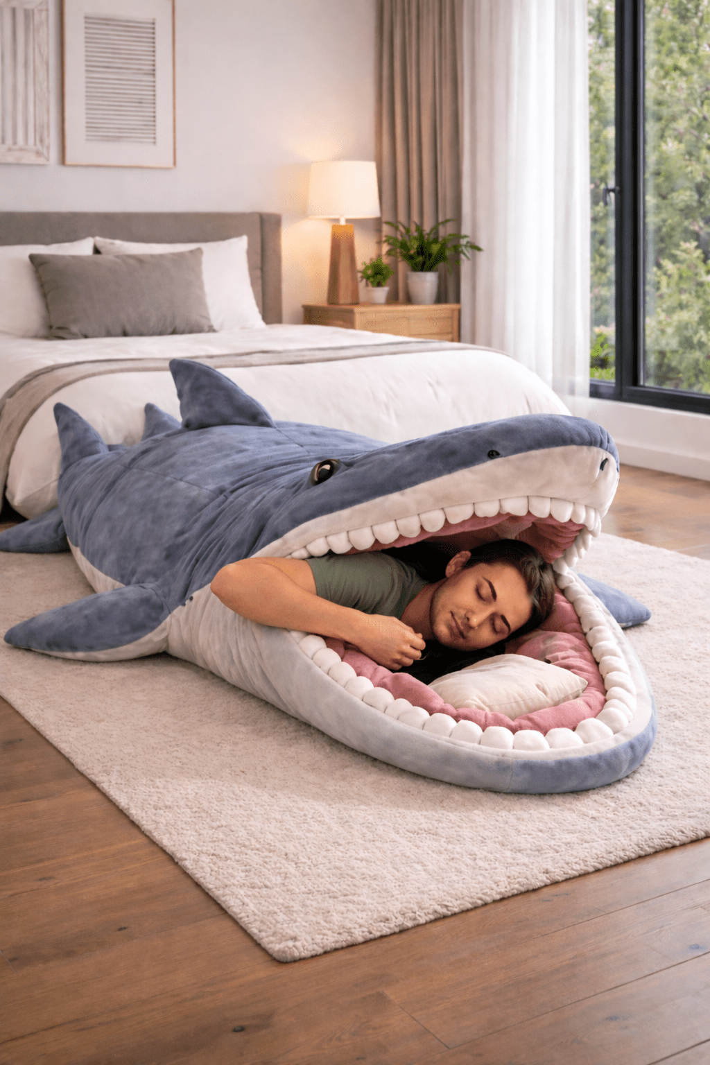 Adult relaxing inside oversized shark sleeping bag on bedroom floor