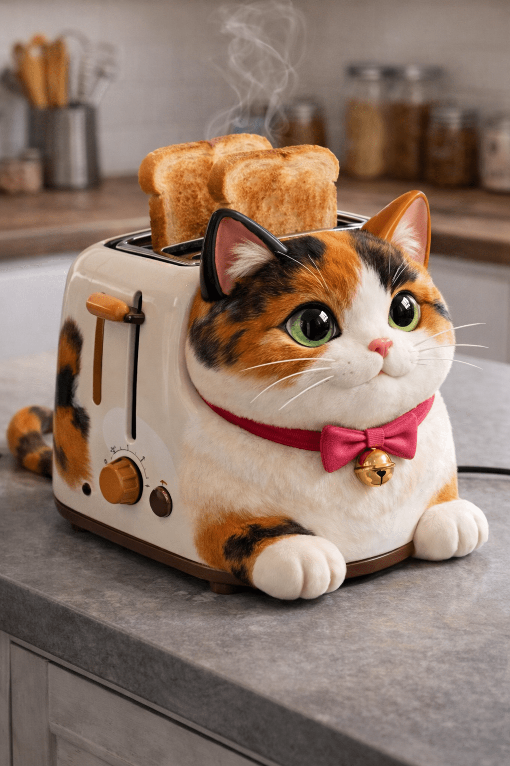 Realistic calico cat-shaped toaster with pink bow tie and steaming toast