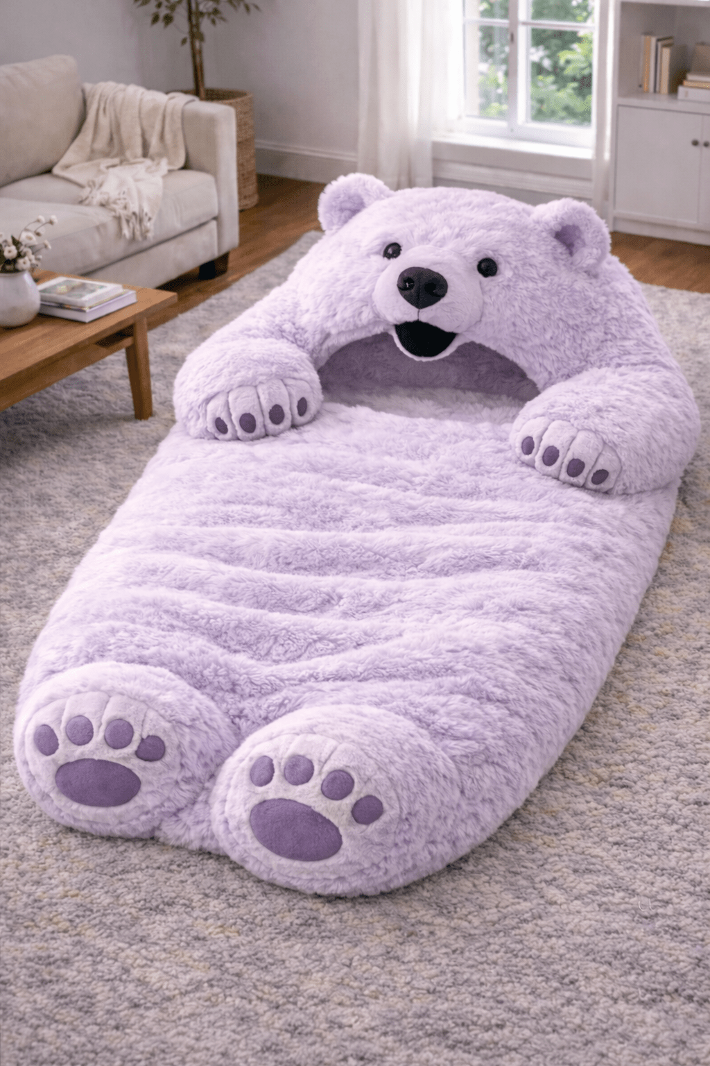 Lavender purple oversized plush polar bear sleeping bag with fluffy texture and padded paws