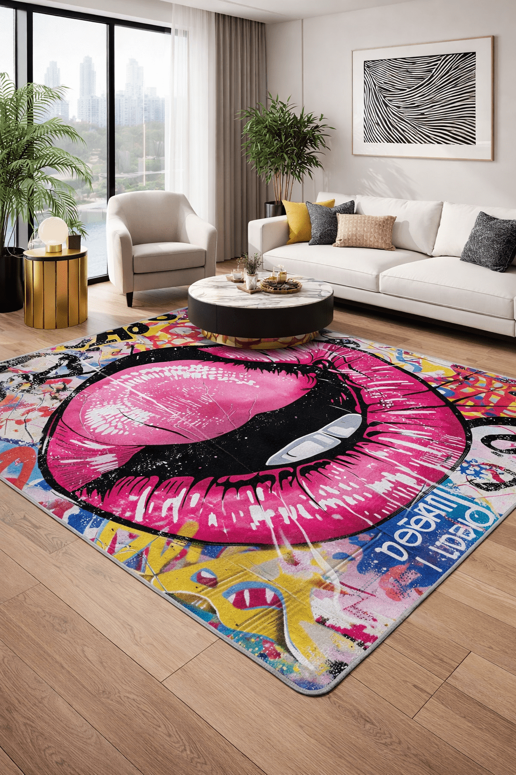 Bold pop art lips graffiti rug in colourful contemporary living room