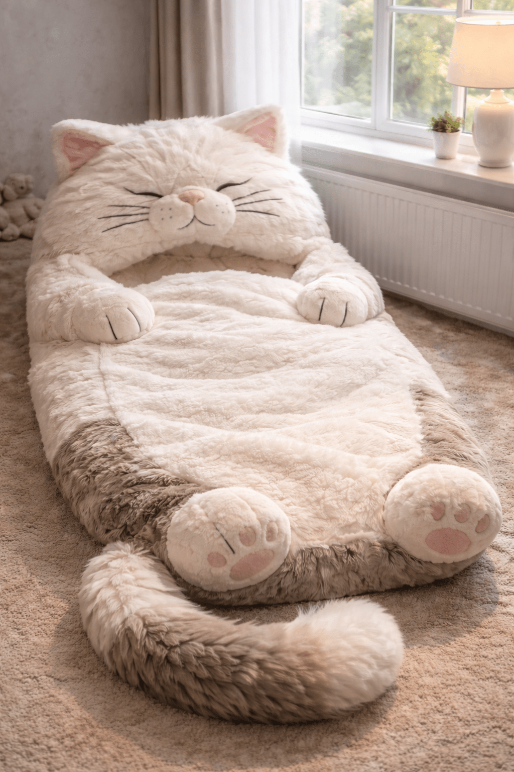 Soft cream-coloured cat sleeping bag bed in a cosy bedroom setting