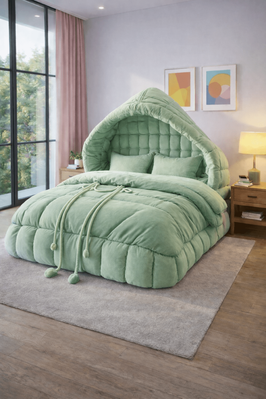 Green plush hoodie bed with padded hood creating a cosy sleep cocoon