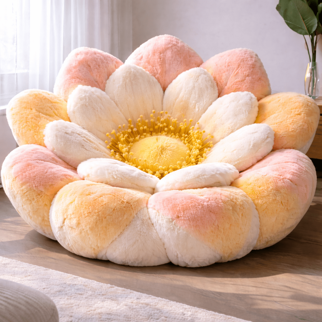 Soft peach and yellow plush flower-shaped lounge chair in living room